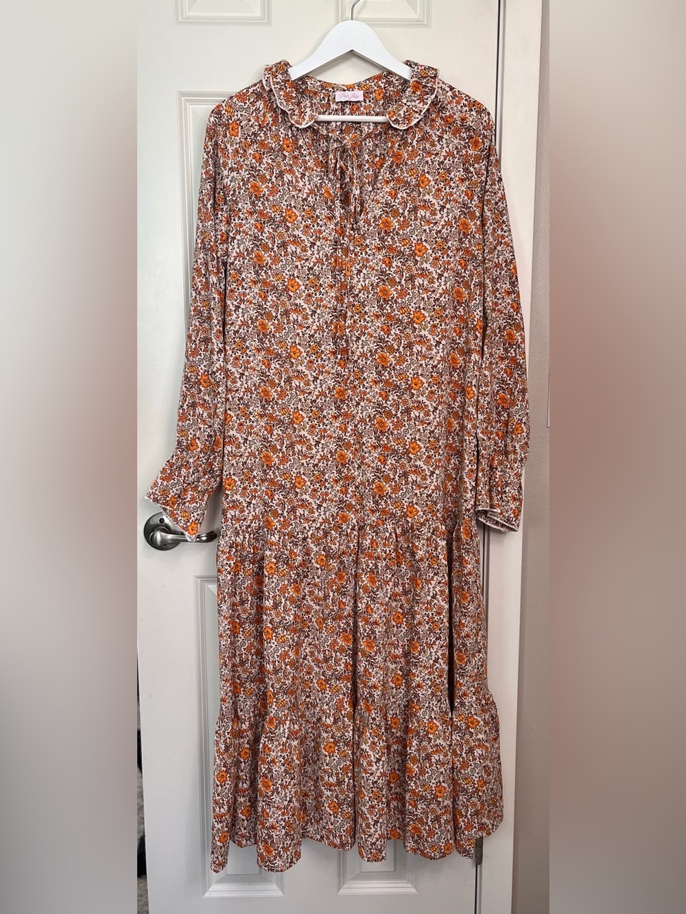 Pink Lily Orange Floral Long Sleeve Tiered Dress